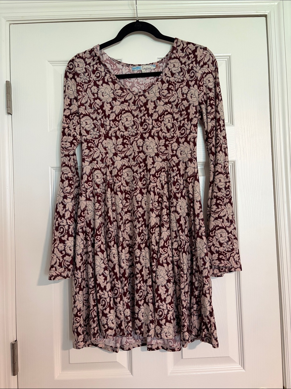 Cecico Burgundy & Cream Floral Long-Sleeve Dress with Bell Sleeves